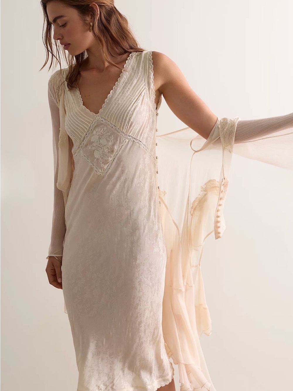 Free People Cream Satin Slipdress Dress with Embroidery